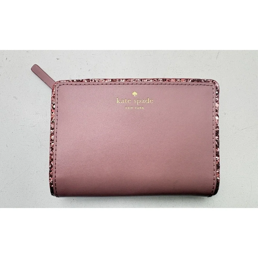 KATE SPADE NEW YORK Glitter Trim Medium Bifold Wallet Pink Leather NWOT